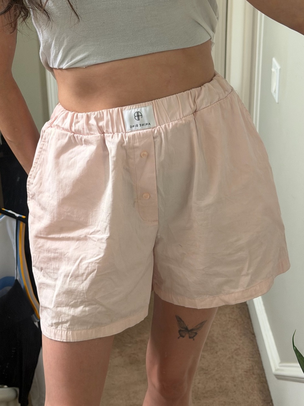 Anine Bing Pale Pink Cotton Elastic-Waist Bermuda Shorts